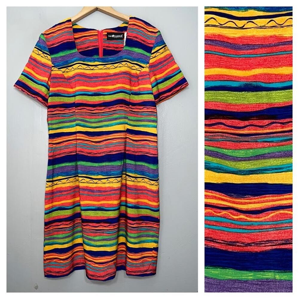 Vintage Sag Harbor Size 14 Petite Sheath Dress Vibrant Striped Bright Statement